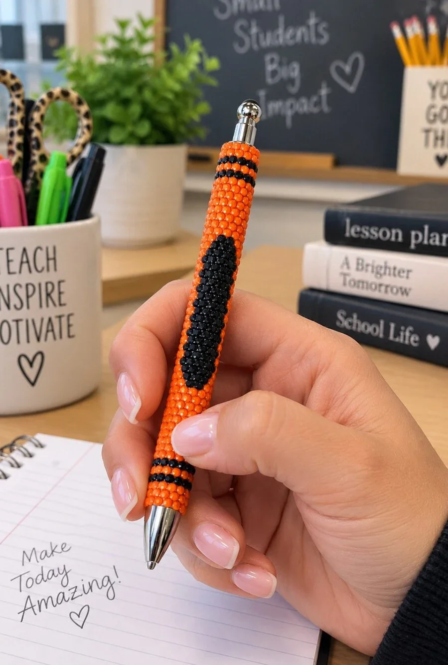 Handmade Diamond Dot Beaded Refillable Pen Interchangeable Orange Black